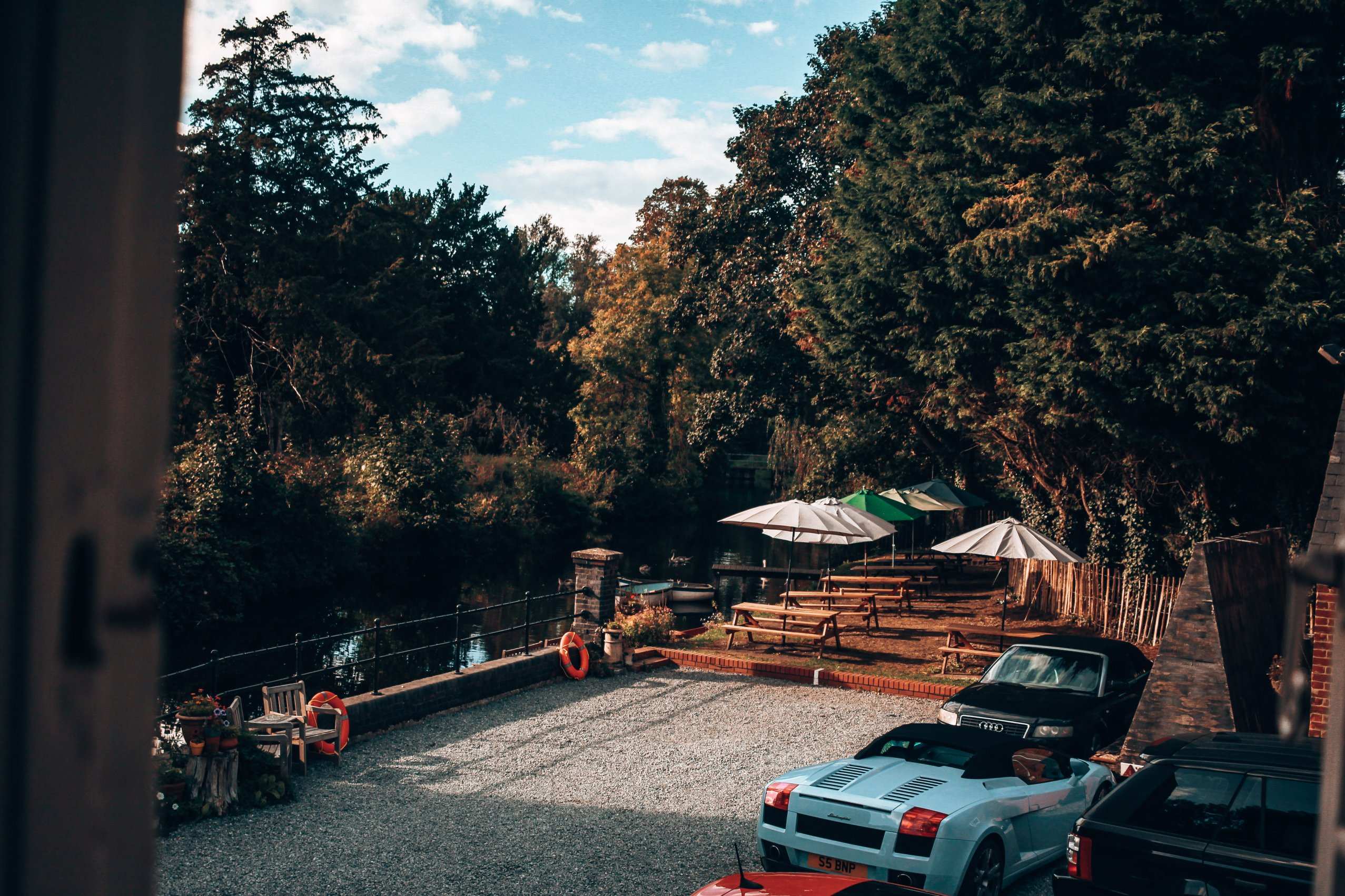 Riverside seating with parasols