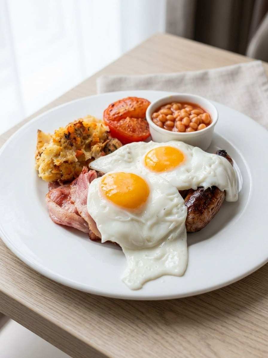 Breakfast with two fried eggs, bacon, sausage, tomato and beans